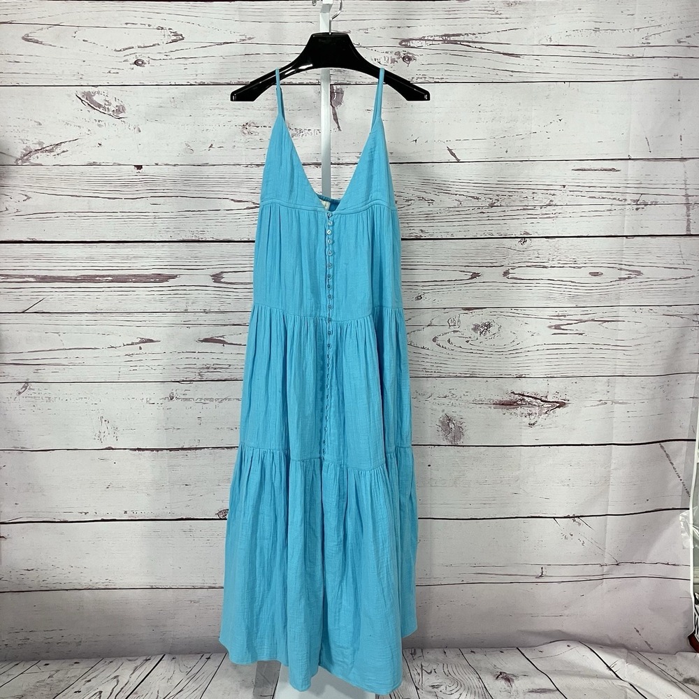 The Westside Turquoise Maxi‎ Dress XS Cotton Gauze Tiered Button Front Boho